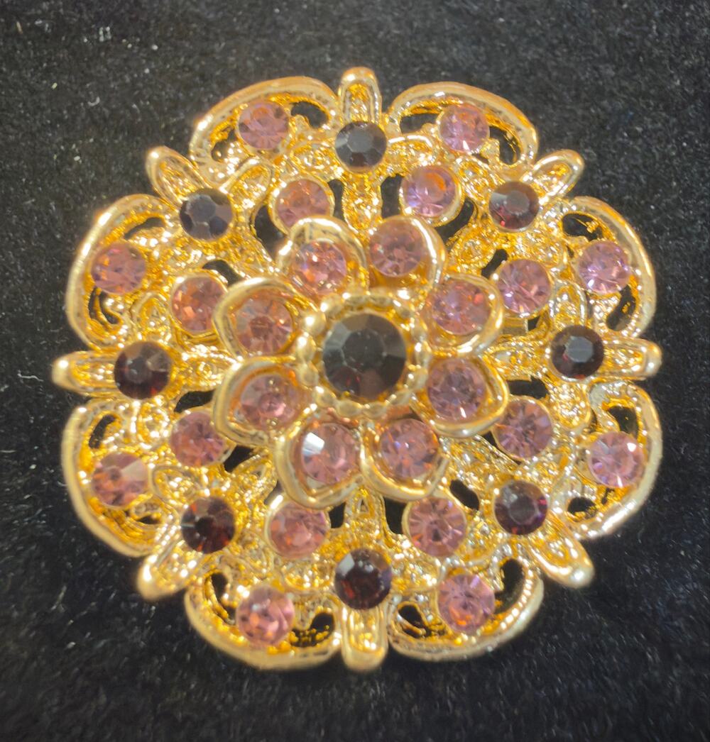 VTG Gold-Tone Pink & Garnet Rhinestone Floral Brooch Dimensional Statement Pin